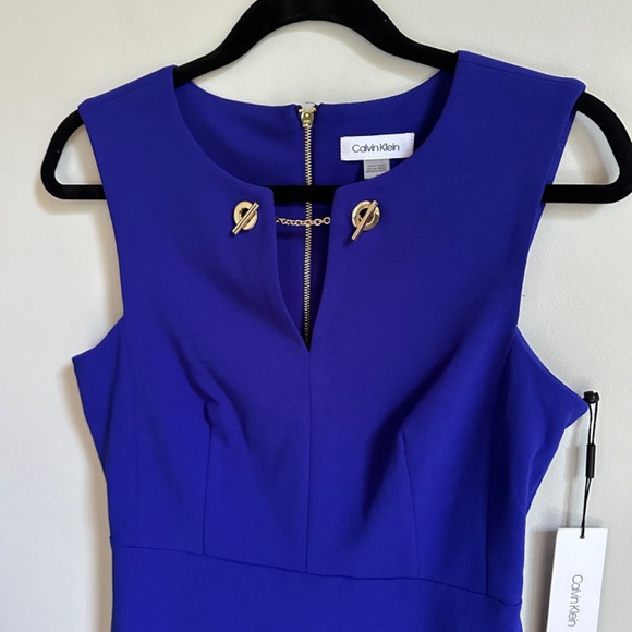 NWT Calvin Klein Blue Sleeveless Sheath Dress with Gold Hardware - Picture 3 of 8